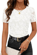 Women's 2026 Summer Short Sleeve Floral Mesh Top Dressy Casual Crewneck Ruched Fitted T Shirt Blouse Spring Clothes