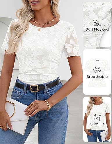 Women's 2026 Summer Short Sleeve Floral Mesh Top Dressy Casual Crewneck Ruched Fitted T Shirt Blouse Spring Clothes